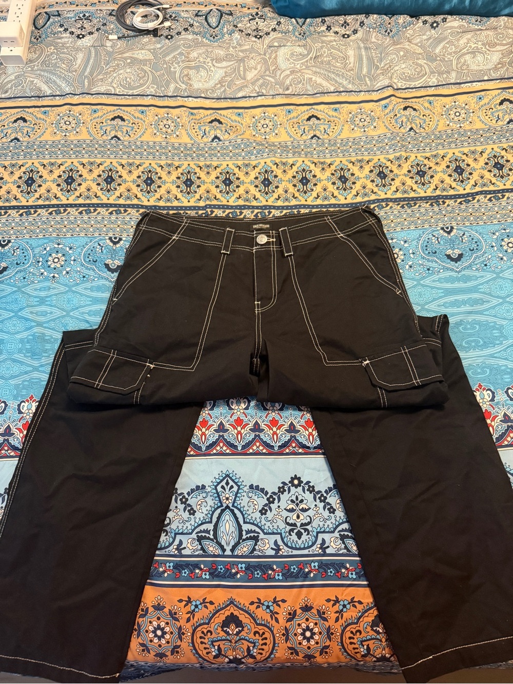 True Religion Black Wide-Leg Jeans with Contrast Stitching
